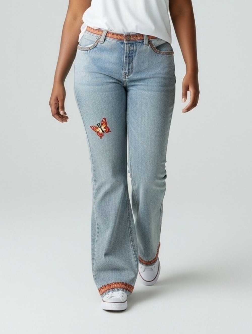 No Boundaries Vintage Light Blue Flare Jeans Multicolor Butterfly Patch Retro